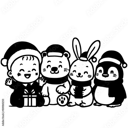 Cute Happy Christmas Baby Animals Vector Character Set