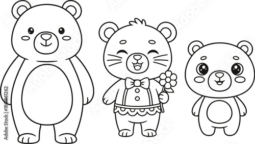 Set of Three Cute Teddy Bears Vector Line Art Illustration for Coloring Pages Featuring a Simple Bear, a Smiling Bear, and a Small Bear with a Flower.
