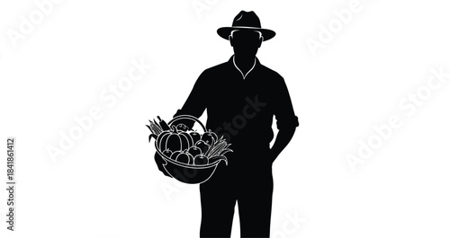 Silhouette of a farmer with a hat holding a basket of fresh produce