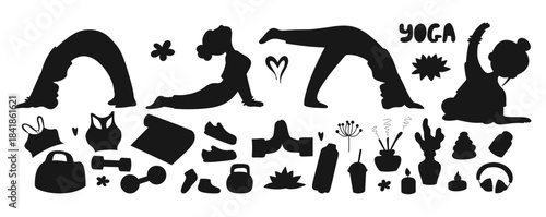 Yoga And Fitness Silhouette Set. Girls Athletes in Asana Poses, Home Workout, Sports Equipment and Healthy Lifestyle, Spa Items. Isolated Black Hand Drawing Doodle. Vector illustration. Not AI