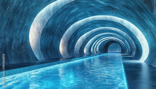 Fototapeta Naklejka Na Ścianę i Meble -  Dive into the digital depths with a 3D rendering of a futuristic tunnel bathed in soothing blue.