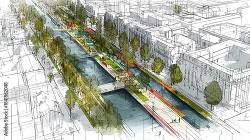 Urban planning concept creating a modern revitalized waterfront precinct with pedestrian zones and green park spaces along a city canal, enhancing urban living and sustainable development