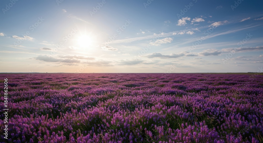 Obraz premium A vast, vibrant carpet of deep purple wildflowers stretching toward the distant horizon under a bright sky, symbolizing peace and natural beauty ,environment ,natural ,wildflower