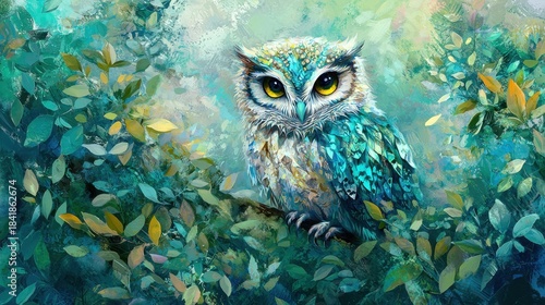 Colorful owl sits on branch surrounded by leaves in a forest during daytime