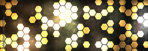 Golden glowing hexagon honeycomb background for modern technology design, luxury business banner, website header, forum poster, presentation cover. Abstract tech backgrounds. Vector illustration