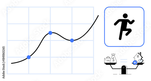 Financial growth concept. Financial growth highlighted through a data chart, running icon, and balance scale work-life harmony and monetary decisions. For financial planning, business strategy