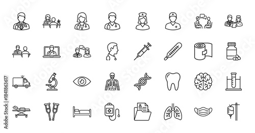 Medical line icon set. Vector pictograms of doctor, nurse, ambulance, syringe, thermometer, microscope, lungs, brain, dna and hospital bed, thin outline illustration.