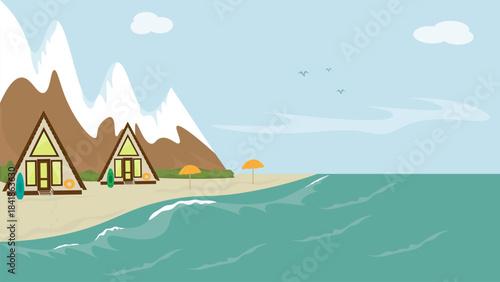 Triangular eco-houses on the seashore near the mountains. Concept of recreation and ecotourism.
