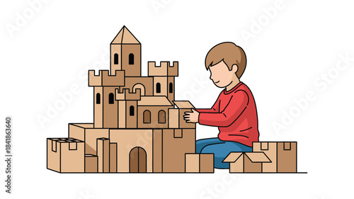 A young boy is diligently building a magnificent castle from cardboard boxes and blocks