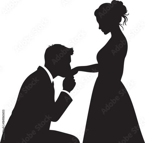 Silhouette of a man proposing to a woman by kissing her hand elegant vector illustration for wedding invitations and romantic concepts