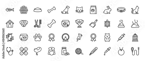 Pet and veterinary line icon set. Vector pictograms of dog, cat, food, grooming, health, fish, bird, rabbit, bone, paw, medicine, thin outline illustration.