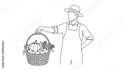 A simple line drawing of a farmer holding a woven basket filled with pumpkins and gourds