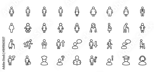 People and user avatar line icon set. Vector pictograms of man, woman, child, senior, professional, emotions, and daily actions. Thin outline illustration.