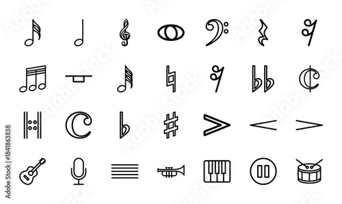 Music notation line icon set. Vector pictograms of treble clef, notes, rest, guitar, microphone, trumpet, piano, drum and sharp symbol, thin outline illustration.