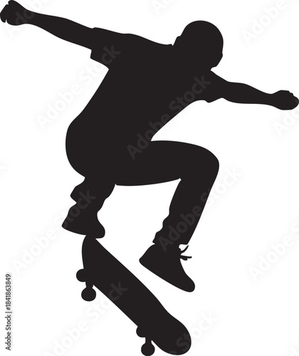 Silhouette of a skateboarder performing a trick in mid-air dynamic action illustration for sports and lifestyle concepts isolated on white