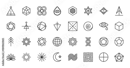 Geometric and mystical symbol line icon set. Vector pictograms of sacred geometry, alchemy, eye, sun, moon, star, labyrinth, lotus, dna, crystal, thin outline illustration.