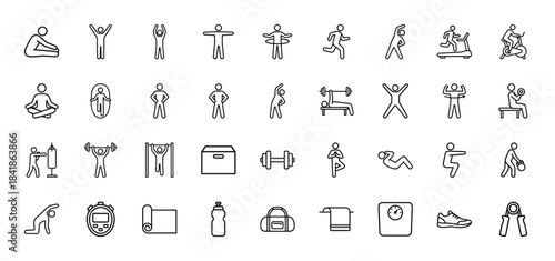 Fitness and gym line icon set. Vector pictograms of workout, treadmill, dumbbell, yoga, running, boxing, stopwatch and sneaker, thin outline illustration.