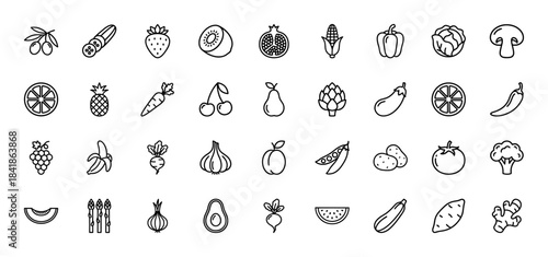 Fresh fruit and vegetable line icon set. Vector pictograms of olive, strawberry, corn, pepper, carrot, cherry, tomato, broccoli, avocado, onion. Thin outline illustration.