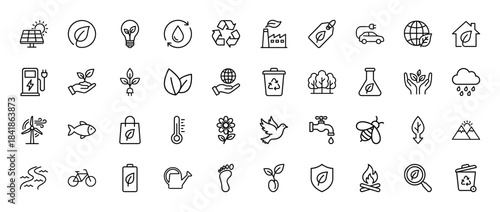 Ecology and sustainability line icon set. Vector pictograms of solar panel, recycle bin, electric car, wind turbine, green energy, nature, thin outline illustration.