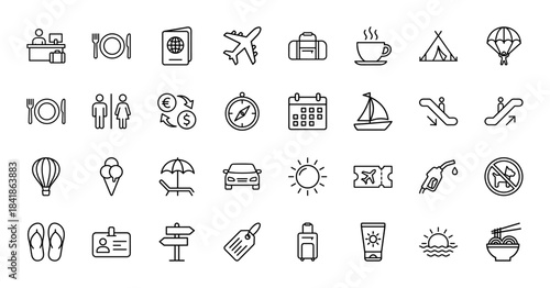 Travel and tourism line icon set. Vector pictograms of airplane, passport, luggage, hotel, tent, beach, car, ticket, and food, thin outline illustration.