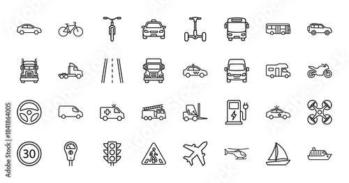 Transportation line icon set. Vector pictograms of car, bus, truck, motorcycle, airplane, boat, bicycle, ambulance and traffic signs, thin outline illustration.