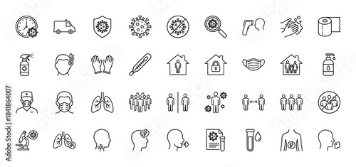 Coronavirus pandemic line icon set. Vector pictograms of mask, virus, fever, distancing, lungs, quarantine, ambulance, sanitizer and testing, thin outline illustration