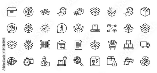 Logistics and delivery line icon set. Vector pictograms of parcel, warehouse, shipping truck, courier, tracking, cargo, packaging, thin outline illustration.