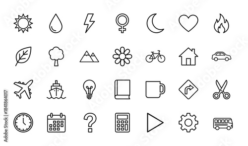 Universal line icon set. Vector pictograms of sun, weather, nature, transport, house, book, gear, clock, calculator and basic tools, thin outline illustration.