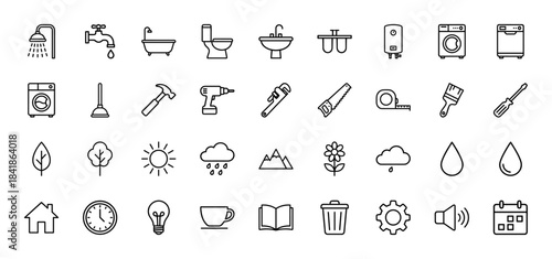 Home improvement and universal line icon set. Vector pictograms of shower, faucet, hammer, drill, tree, sun, house, gear, calendar, thin outline illustration.