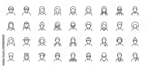 People and avatar line icon set. Vector pictograms of man, woman, senior, worker, student, doctor, chef, muslim and diverse characters, thin outline illustration.