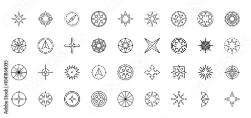 Navigation and compass line icon set. Vector pictograms of wind rose, north star, cardinal points, map direction, geometric shapes, thin outline illustration.