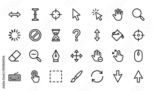 Interface line icon set. Vector pictograms of mouse cursor, arrow pointer, hand, hourglass, zoom, pen, keyboard and loading spinner, thin outline illustration.