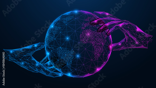 Digital global governance. Two hands hold and interact with the planet. The concept of data management, cyberspace and global coordination.