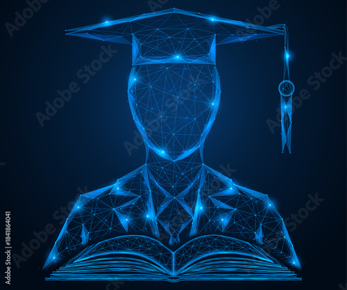 A digital expert. A bot in an academic cap in front of an open book. Artificial intelligence that receives knowledge from structured sources and transforms information into expert solutions.