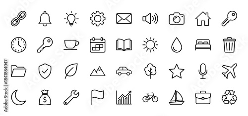 Universal web interface line icon set. Vector pictograms of link, bell, bulb, gear, envelope, camera, home, calendar and shield, minimal thin outline illustration.