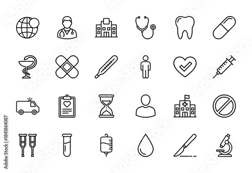 Medical and healthcare line icon set. Vector pictograms of doctor, hospital, ambulance, syringe, stethoscope, microscope, pills, thermometer, thin outline illustration.