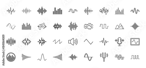 Sound wave line icon set. Vector pictograms of audio equalizer, music frequency, voice recording, microphone, volume, noise pulse, tuning fork, thin outline illustration.