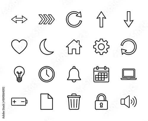 User interface line icon set. Vector pictograms of arrow, heart, home, settings, clock, calendar, laptop, battery, trash, lock and volume, thin outline illustration.