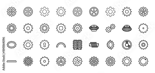 Mechanical engineering line icon set. Vector pictograms of gears, cogs, pinions, settings, transmission, machine parts and sprockets, thin outline illustration.