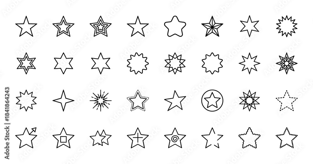 Fototapeta premium Star shapes line icon set. Vector pictograms of five pointed, six pointed, burst, sparkle, favorite, award, rating, dotted and rounded stars, thin outline illustration.