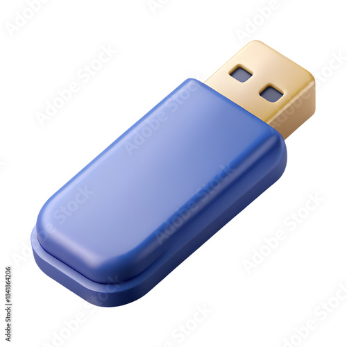 Blue USB Flash Drive with Gold Connector on White Background Close-up