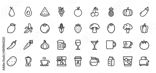 Food and drink line icon set. Vector pictograms of fruit, vegetable, coffee, cocktail, toaster and blender, thin outline illustration.