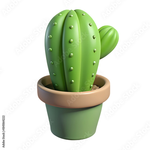 3D cartoon cactus in a green pot with brown rim on white background