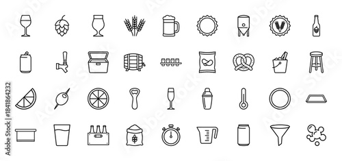 Brewery and bar line icon set. Vector pictograms of beer mug, hops, keg, cocktail, wine glass, pretzel and bottle opener, thin outline illustration.