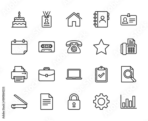 Business and office management line icon set. Vector pictograms of calendar, printer, laptop, briefcase, telephone, scanner, lock, and graph, thin outline illustration.