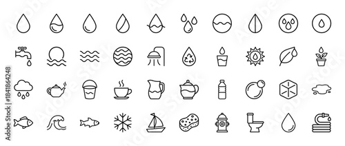 Water and nature line icon set. Vector pictograms of drops, rain, waves, tap, shower, cloud, bucket, sea, snowflake and hose, thin outline illustration.