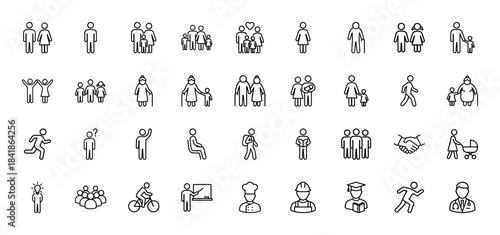 People and family line icon set. Vector pictograms of couple, elderly, children, crowd, running, doctor, teacher, worker, thin outline illustration.
