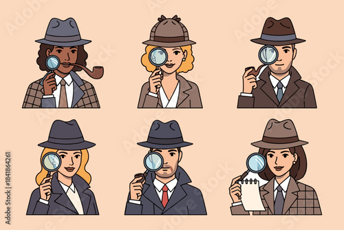 set illustration of a detective character