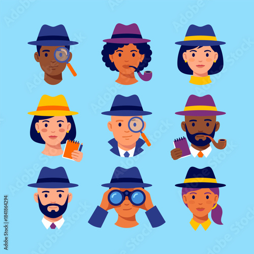 Vibrant Flat Vector Detective Faces Collection