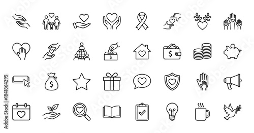 Charity and donation line icon set. Vector pictograms of volunteer hands, giving money box, peace dove, awareness ribbon, heart and care, thin outline illustration.
